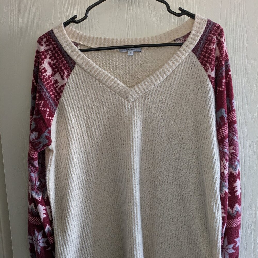 Women's White Birch Cream Waffle Shirt with Fair Isle Sleeves size S Loose Fit